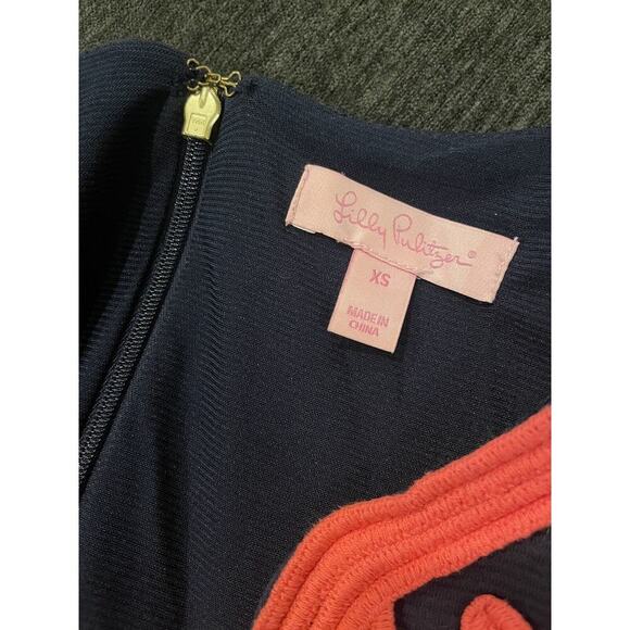 Lilly Pulitzer Sheath Dress XS 0 Navy Coral Sleeveless Embroidered Stretch Knee - Picture 7 of 12